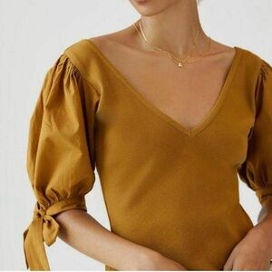 Anthropologie Maeve Mustard Puff Sleeves Ribbed Top